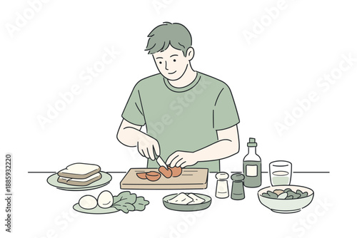 Simple Lunch Preparation. Man making a quick lunch for himself, gentle movements as he prepares a simple meal with focus and ease,