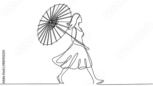 Elegant woman with umbrella a continuous line drawing style illustration