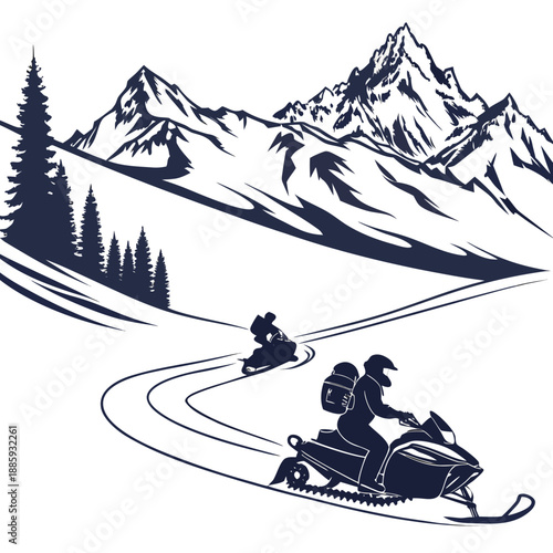 Snowmobilers traverse mountain trail