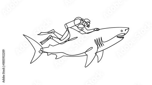 A whimsical sketch depicting a diver riding on a shark s back