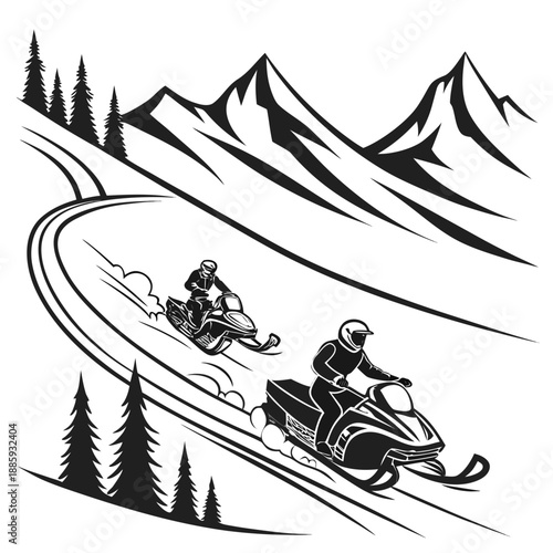 Snowmobilers riding through mountainous terrain