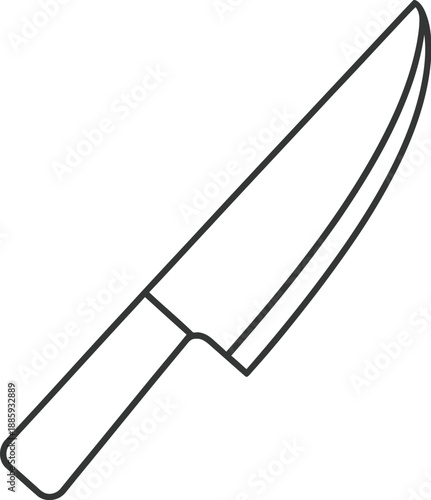Minimalist line art icon depicting a single chef knife rendered in a simple black outline suitable for kitchen design or culinary application graphics presenting essential cooking tools clearly.