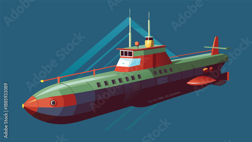 A colorful digital illustration of a cartoon submarine floating underwater. The submarine is detailed with bright colors and playful design, set against a clear blue ocean backdrop