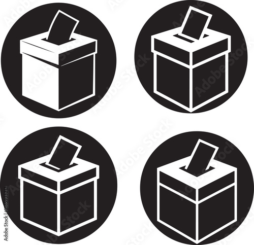 A simple Set of  black and white illustration depicting a ballot box with a paper inside