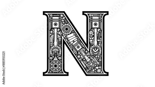 N Letter Engine Parts - Mechanical Font Alphabet.