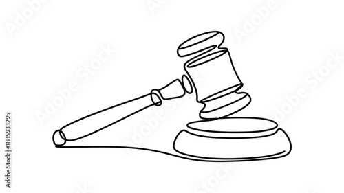 A simple line drawing depicts a gavel and sounding block legal justice