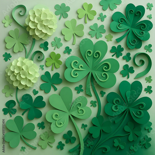 st patrick's day background with green clover leaves, origami, paper art, graphic design illustration wallpaper, seamless shamrock pattern