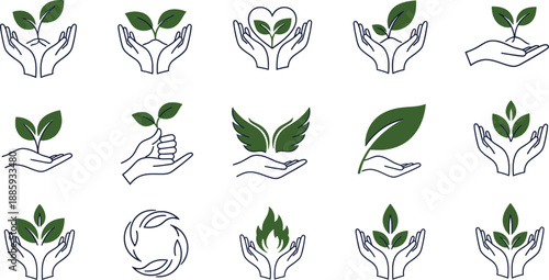 Eco friendly symbols of hands holding green leaves and plants