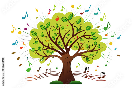 Tree with colorful music notes and leaves on white background