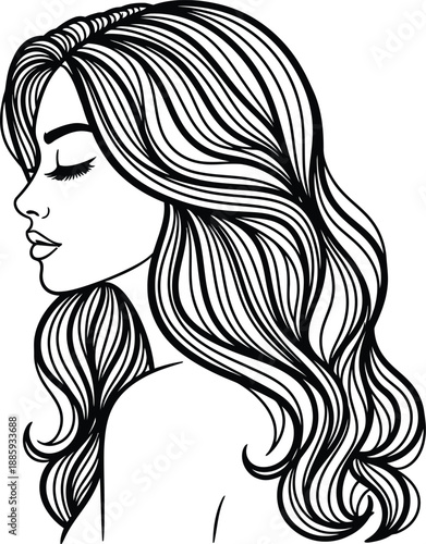 Elegant woman with long wavy hair and closed eyes in profile view
