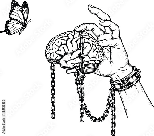 Hand holding chained brain with butterfly escaping freedom