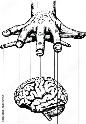 Manipulated mind under control with puppeteer's hand