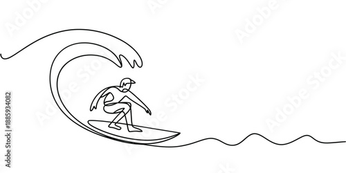 A single line drawing of a surfer riding a large ocean wave