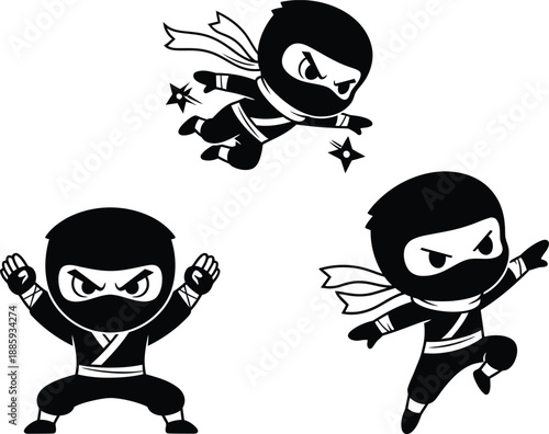 Three cartoon ninjas jumping and throwing stars in dynamic poses