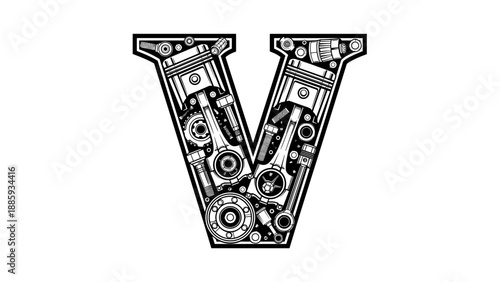 V Engine Parts Typography - Motor Components Letter V.