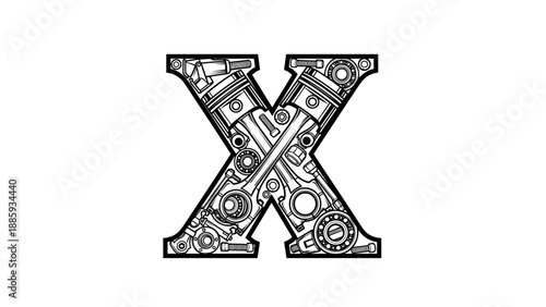 Letter X Made of Mechanical Parts Engine Components Gears Pistons.
