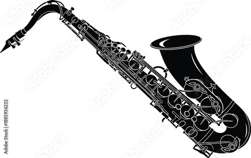 Professional Black Saxophone Musical Instrument Silhouette, Detailed Brass Jazz Band Woodwind Vector Illustration for Music Poster Design and Orchestra Branding