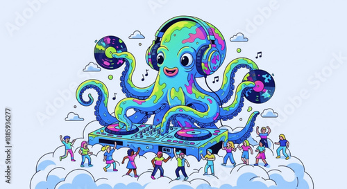 Cute Cartoon Octopus DJ with Vinyl Records Playing Music for People Dancing on Clouds Vector Illustration