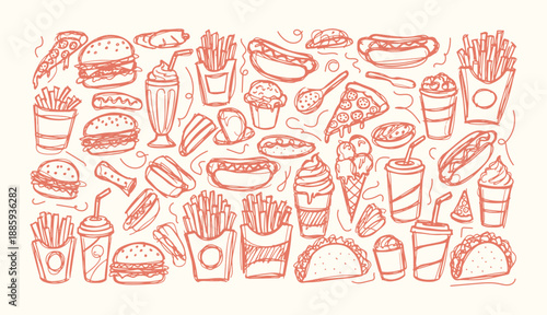 Hand drawn fast food doodle collection with burgers pizza hot dogs fries ice cream and drinks in playful sketch style