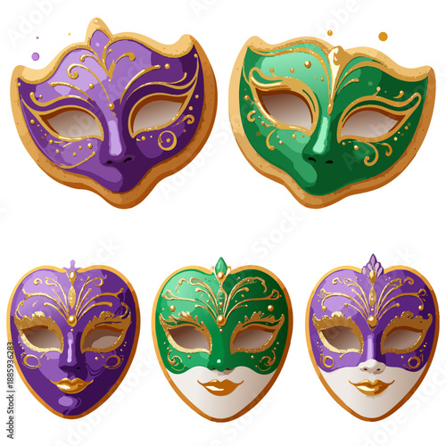 Mardi Gras Mask Cookie Illustration Set – Realistic Decorated Carnival Cookies