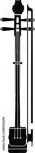 Professional Black Traditional Bowed String Instrument Silhouette, Detailed Asian Huqin Erhu Vector Illustration for Ethnic Music Poster and Cultural Branding