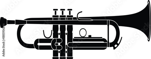 Professional Black Trumpet Musical Instrument Silhouette, Detailed Brass Jazz Band Equipment Vector Illustration for Music Poster Design and Orchestra Branding