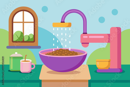Cartoon kitchen scene with bowl of food under faucet