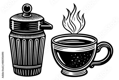 French press coffee maker and steaming cup of coffee