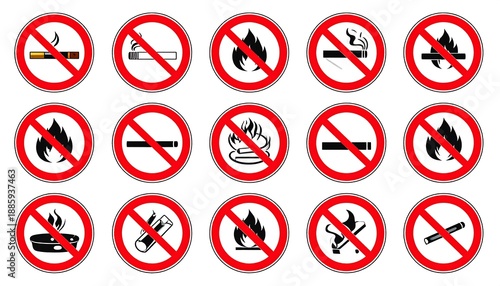 Red circle icons with diagonal bars over fire and cigarettes indicate prohibition against smoking and open flames Free Download Red circle icons with diagonal bars over fire and cigarettes indicate prohibition against smoking and open flames - GFXLoad
