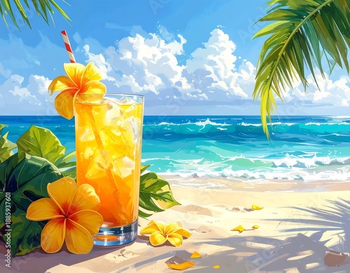 Refreshing yellow drink on beach with flowers, straw, and blue sky. Ocean view with waves and palm trees
