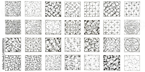 Diverse abstract textures in black and white arranged in a square grid composition