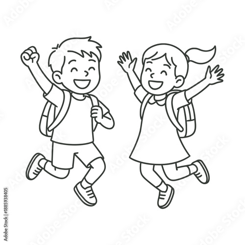Happy children running to school with backpacks on