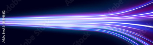 Neon speed lines burst through dark space creating motion blur effects. Bright purple and blue rays visualize acceleration and power. A futuristic atmosphere surrounds the composition.
