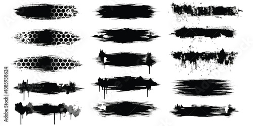 Abstract black grunge paint strokes collection with distressed textures and patterns