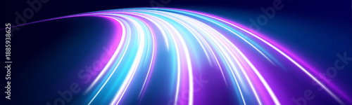 Futuristic night highway filled with neon light trails in purple and blue tones. Speed motion visualized as glowing waves rushing forward. Dynamic energy and acceleration dominate the scene.
