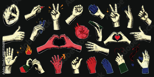 A comprehensive collection of various hand gestures and symbolic expressions in a vintage style