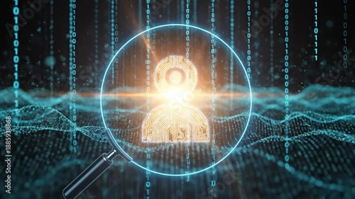 Digital avatar under a magnifying glass, symbolizing data analysis and identity verification in cyberspace.