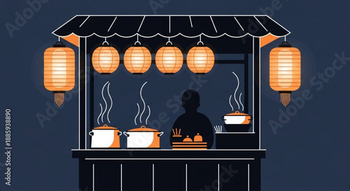 Flat Vector Illustration of a Traditional Japanese Ramen Stall at Night with Glowing Lantern