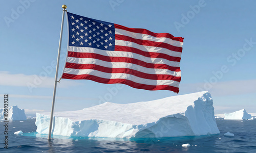 detailed conceptual illustration depicting american flag fluttering wind amidst colossal iceberg floating icy waters