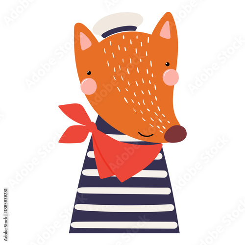 Cute little fox sailor isolated on transparent. Kawaii cartoon character. Han...