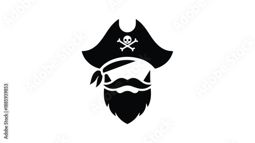 Pirate Hat Skull Icon with Beard and Mustache - Black and White.