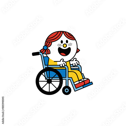 Happy child in wheelchair smiling and using colorful assistive device  
