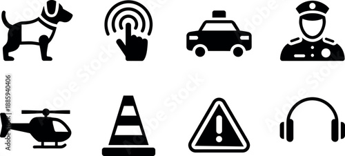 Collection of black vector icons representing law enforcement and safety elements on a white background