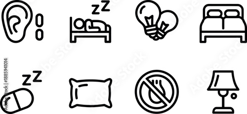 Collection of eight simple line art icons representing sleep and relaxation elements