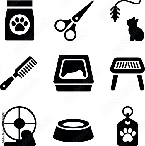 Collection of nine pet care and accessory icons isolated on a transparent background in a grid layout