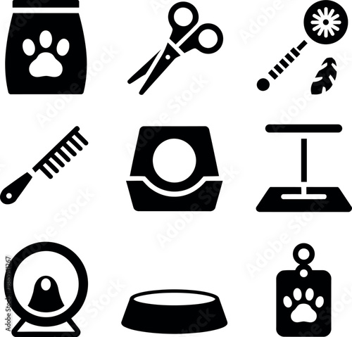 Collection of Pet Care Related Icons Including Food Bag Scissors and Grooming Tools