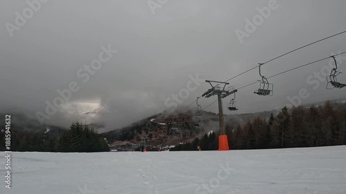 POV Point of View Skiing Down Wide Open Slope in Folgaria Ski Resort Italian Alps Winter Sport