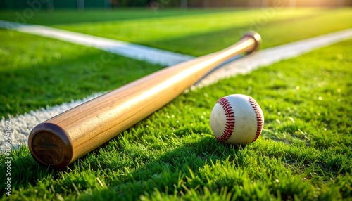 A baseball bat and ball placed on a grassy field marked with white boundary lines.
