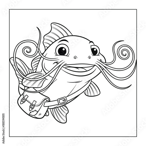 Friendly cartoon catfish with long curly whiskers and a satchel bag, cute kids coloring page.