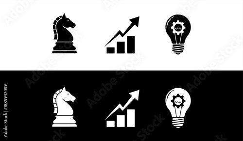 Strategic growth and innovation icons in black and white
